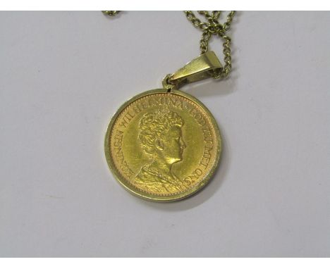 GOLD COIN PENDANT ON CHAIN, Netherlands 1911 10 guilder coin in a gold ring mount on a fine link gold chain, chain tests as h