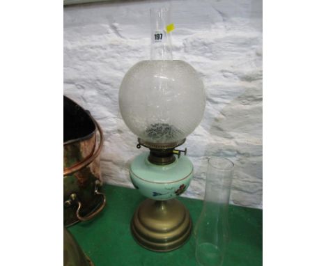 OIL LAMP, Edwardian oil lamp with painted milk glass reservoir and frosted spherical shade 