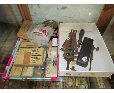 HOROLOGY, 2 boxes of various measuring tools, winders, washers, springs, misc screws, etc 