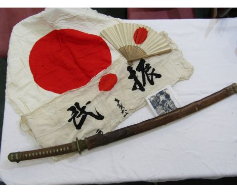 JAPANESE KATANA SWORD, with brass relief tsuba, ray skin hilt and 2 floral Menuki, original metal scabbard and leather casing