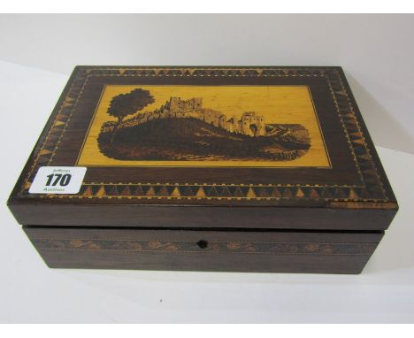 TUNBRIDGE WARE, an inlaid rectangular rosewood jewel box, depicting Dover Castle with makers label of R. Licence, 23cm width 