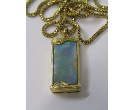 OPAL &amp; DIAMOND PENDANT, rectangular form opal set with 2 diamonds in 18ct yellow gold, on an 18ct fine link gold necklace