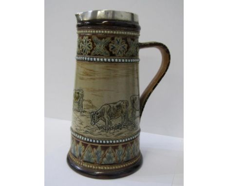 HANNAH BARLOW, Doulton Lambeth tapering stoneware ewer jug, decorated with sgraffito, "Cattle in Pastures", silver mounted ri