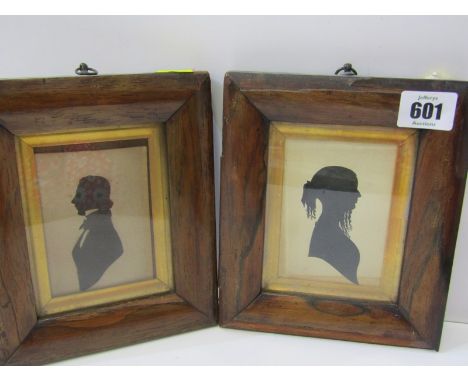 SILHOUETTES, a pair of rosewood framed, one a watercolour portrait of young lady &amp; scissor cut silhouette companion