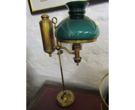 ANTIQUE LIGHTING, brass column support oil lamp with green glass shade 