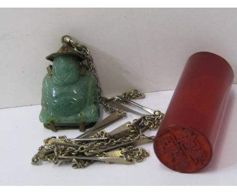 ORIENTAL ITEMS including jade Buddha and a carved red stone possibly carnelian or red jade seal