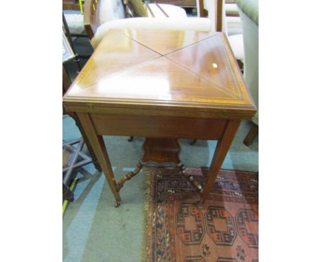 EDWARDIAN ENVELOPE TOPPPED CARD TABLE, satinwood cross banded mahogany square top card table, with shaped shelf base, taperin