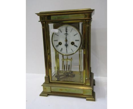 BRASS MERCURY PENDULUM MANTEL CLOCK, white enamel dial, signed Du Chateau, 29cm height 
