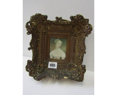 ANTIQUE MINIATURE PORTRAIT, of Regency Lady with pearl necklace