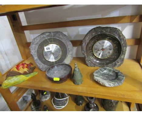 SERPENTINE, 2 dishes &amp; paperweight also a granite clock and barometer, together with an art pottery wall pocket of a gall