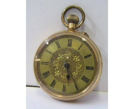 LADIES GOLD CASED POCKET WATCH, 14ct gold cased ladies pocket watch with Roman numerals and engraved foliate decoration to re