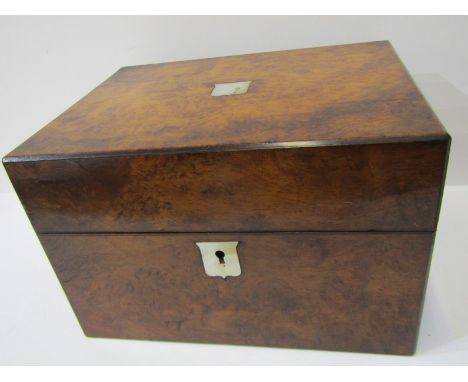 VICTORIAN WALNUT VANITY BOX, burr walnut mother of pearl inlaid vanity box with fitted interior, 25cm width 
