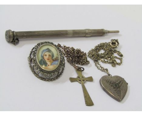 SELECTION OF CONTINENTAL SILVER, silver and white metal items including propelling pencil, brooch, chain, cross, locket, etc