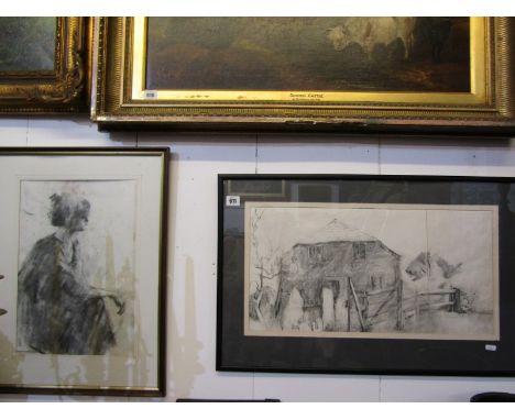 HENRY ISRAEL, pencil study "The Barn", 28cm x 56cm, together with pencil portrait "Seated Young Lady", 40cm x 28cm