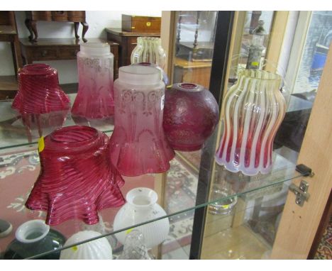 ANTIQUE OIL LAMP SHADES, a cranberry crinoline glass shade and 3 others