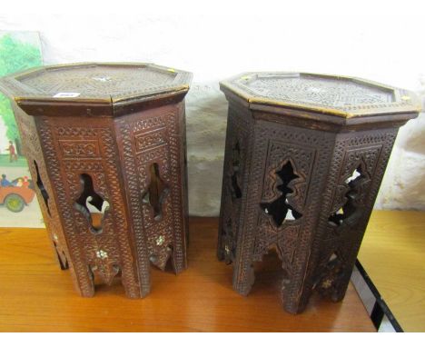 MID EASTERN OCCASIONAL TABLE, 2 mother of pearl inlaid octagonal occasional tables (needs restoration)