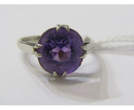 AMETHYST RING, large circular amethyst set in a 9ct white gold mount, size M 