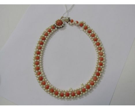 PEARL &amp; CORAL CHOKER STYLE NECKLACE, 38cm with 9ct gold clasp (clasp with some faults) 