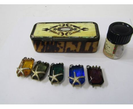 SELECTION OF LOOSE GEM STONES &amp; mother of pearl and abalone inlaid tortoiseshell style box 
