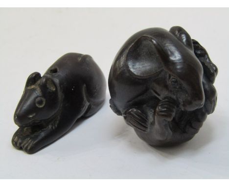 NETSUKE, signed carved fruitwood netsuke of a curled Fieldmouse and 1 other 
