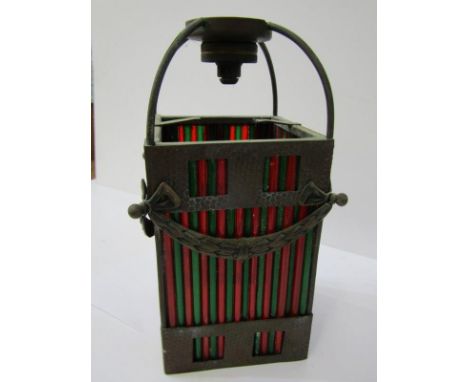 ANTIQUE LIGHTING, copper square section hanging lantern with coloured glass rod panels, 26cm height 