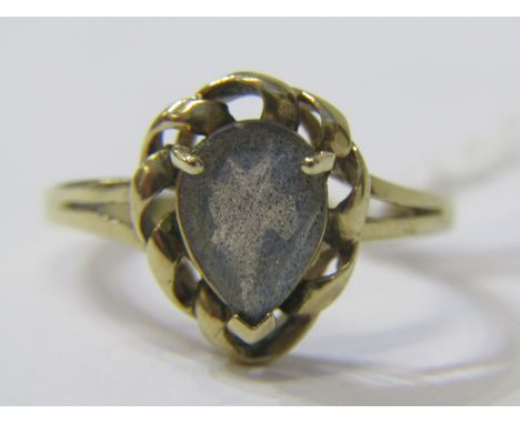 9ct YELLOW GOLD LABRADORITE SOLITAIRE RING, pear cut stone in 3/4 setting, size M/N