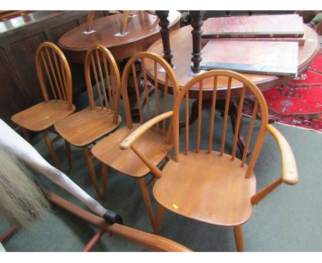 RETRO, Ercol-style spindle back open armchair and 3 similar single dining chairs