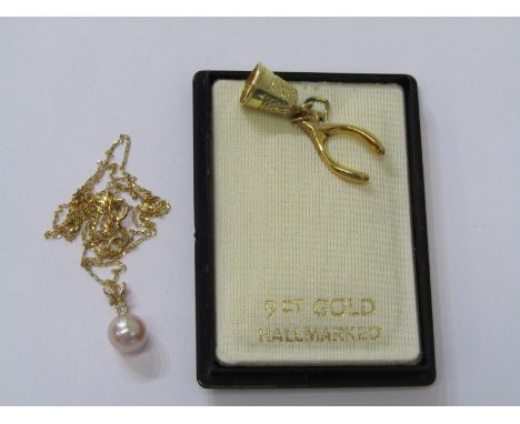 PEARL PENDANT, on a 9ct gold fine link necklace, also 2 gold charms of a wishbone and bell 