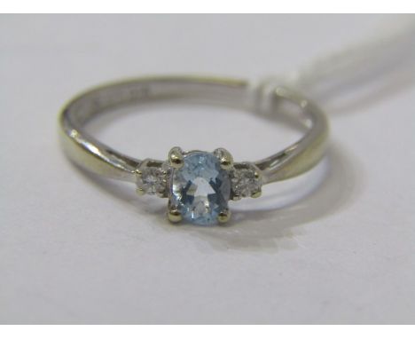 AQUAMARINE &amp; DIAMOND RING, 9ct white gold ring, set 2 diamonds to either side, size L 