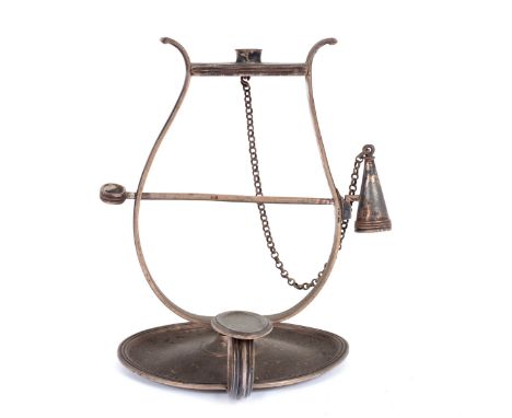 A George III silver wax jack, John Emes, London 1798, lyre shaped, with oval base and ring handle, 12.5cm high, approximately