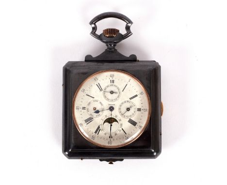 A square blued steel quarter-repeating calendar watch, white enamel dial with subsidiary dials for the day of the week, day o