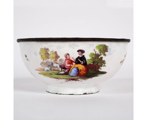 A white enamel sugar bowl, English, circa 1770, painted with Arcadian scenes, 12.5cm diameter/Provenance: Spetchley Park COND