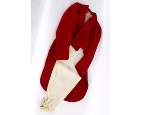 Two pairs of buckskin breeches by E Tautz & Sons, Oxford St and two red swallow tail hunting coats, buttons removed/Provenanc