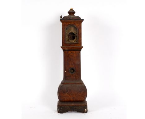 A miniature walnut longcase clock, with an ogee crest and bombé base, movement lacking, distressed, 70cm high/Provenance: Spe