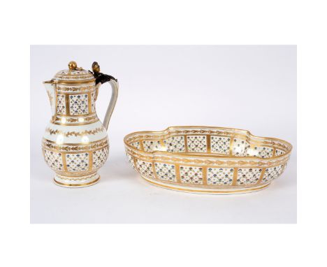 A Paris (Angoulême) ewer, cover and basin, circa 1780, the ewer with silver gilt mounts, gilt and enamelled with a border of 