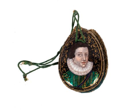 A Limoges enamel draw purse, probably by Jacques II Laudin, early 17th Century, set with portraits of a lady and a gentleman 