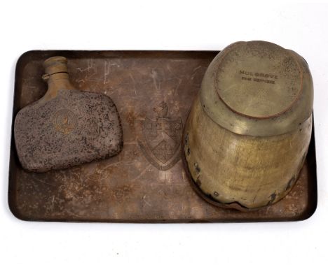 A horse hoof with plated mount engraved Mulgrove 1933, a plated hip flask bearing the Berkeley family crest and a plated tray