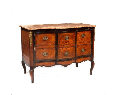 A Louis XVI marble topped commode, circa 1780, the break serpentine pink marble top above two drawers veneered in parquetry l