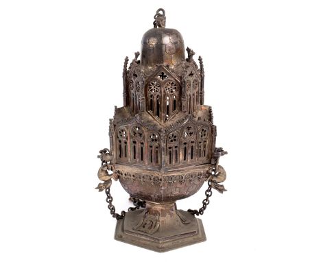 A replica of a medieval censer, probably Spanish, 19th century, the upper part in two architectural tiers with cupola like to