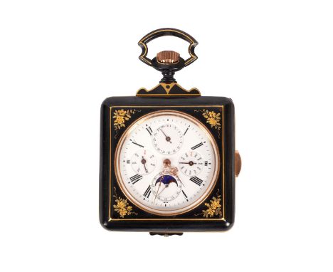 A square blued steel minute-repeating calendar watch, white enamel dial with subsidiary dials for the day of the week, day of