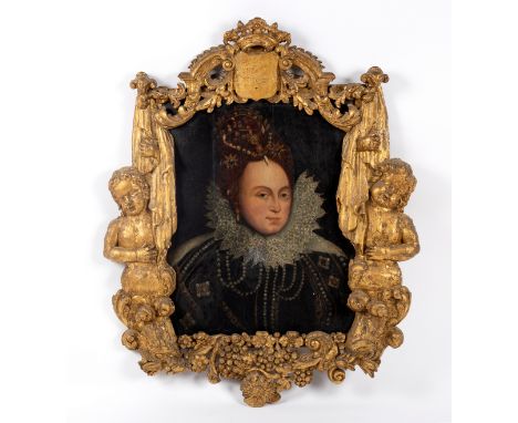 17th Century English School/Portrait of a Lady/traditionally thought to be Elizabeth I/head and shoulders, wearing jewels in 
