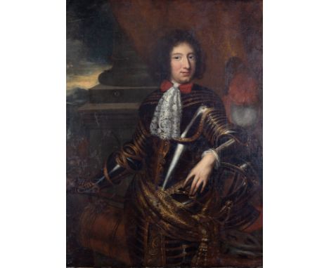 Circle of Henri Gascar (French 1634/35-1701)/Portrait of a Nobleman in Armour/three-quarter length, standing before a cannon/