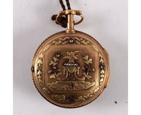 A French gold verge pocket watch, by Isaac Poret & Fils, no. 25663, in a jewelled and coloured gold case, 4cm wide/Provenance