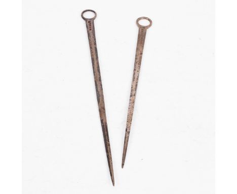 Two George III silver meat skewers, Smith & Fearn, London 1791, with ring terminals, bearing the Berkeley family crest, 33cm 
