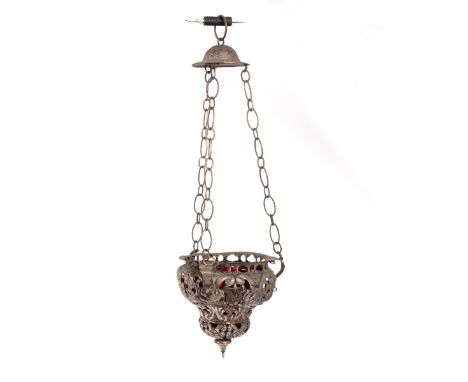A sanctuary lamp, probably Italian, circa 1800, pierced with scrolls, flowers and leafage and with ruby glass liner, 11cm wid
