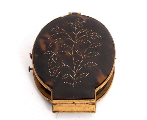 A 19th Century tortoiseshell, pique work and gilt metal folding calendar, the interior with month and date set in paintings i