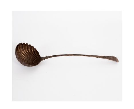 A George III feather-edge silver soup ladle, W Tweedie, London 1776, with shell bowl, crested, approximately 160gm/Note: Cres