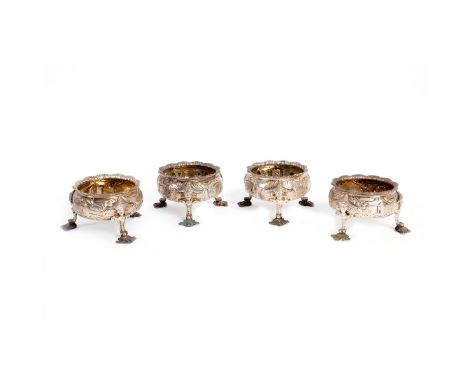Two matching pairs of George III silver salt cellars, one pair D Hennell, London 1762, the other pair R & D Hennell, London 1
