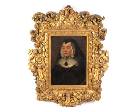 17th Century English School/Portrait of a Lady in Holy Order/head and shoulders, wearing a black cape and dress with lace tri