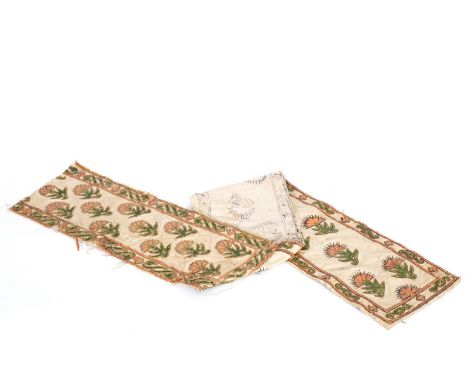 A section of silk applique work, possibly from an Ottoman sash, 18th Century, silver and gold thread, losses, 172cm x 27cm/Pr